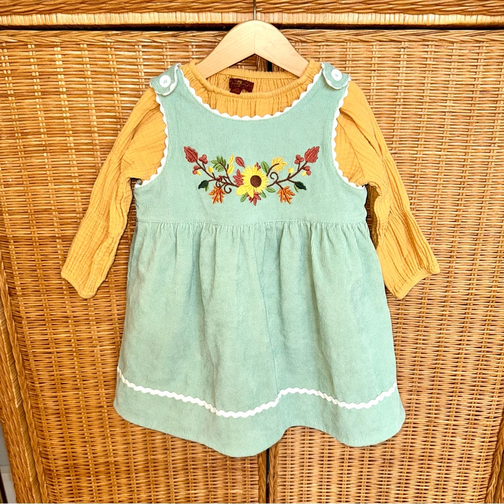 Floral Embroidered Green Dress with Yellow Top